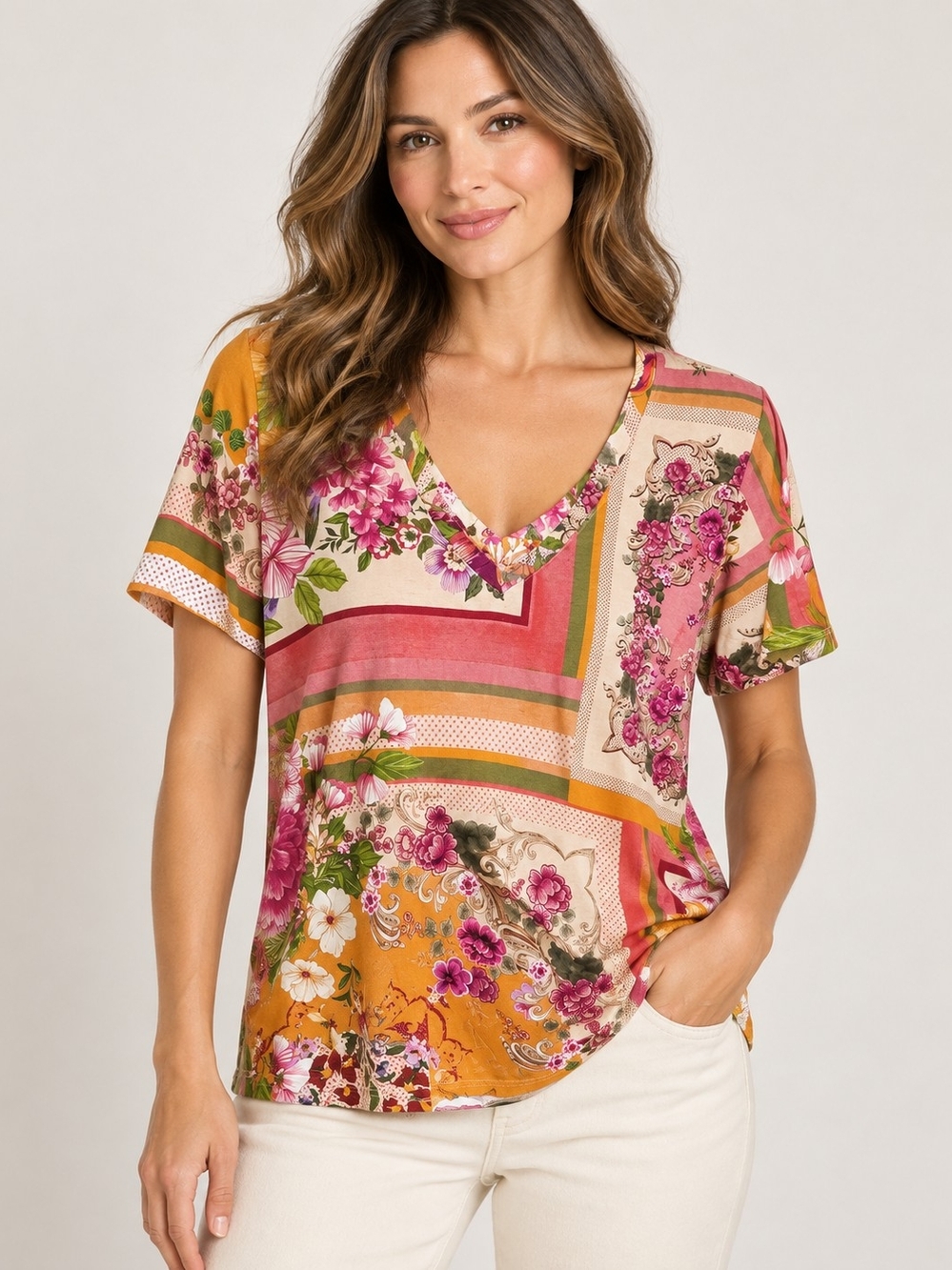 Johnny Was Los Angeles Floral Patchwork Bamboo V Neck Top Size S Boho